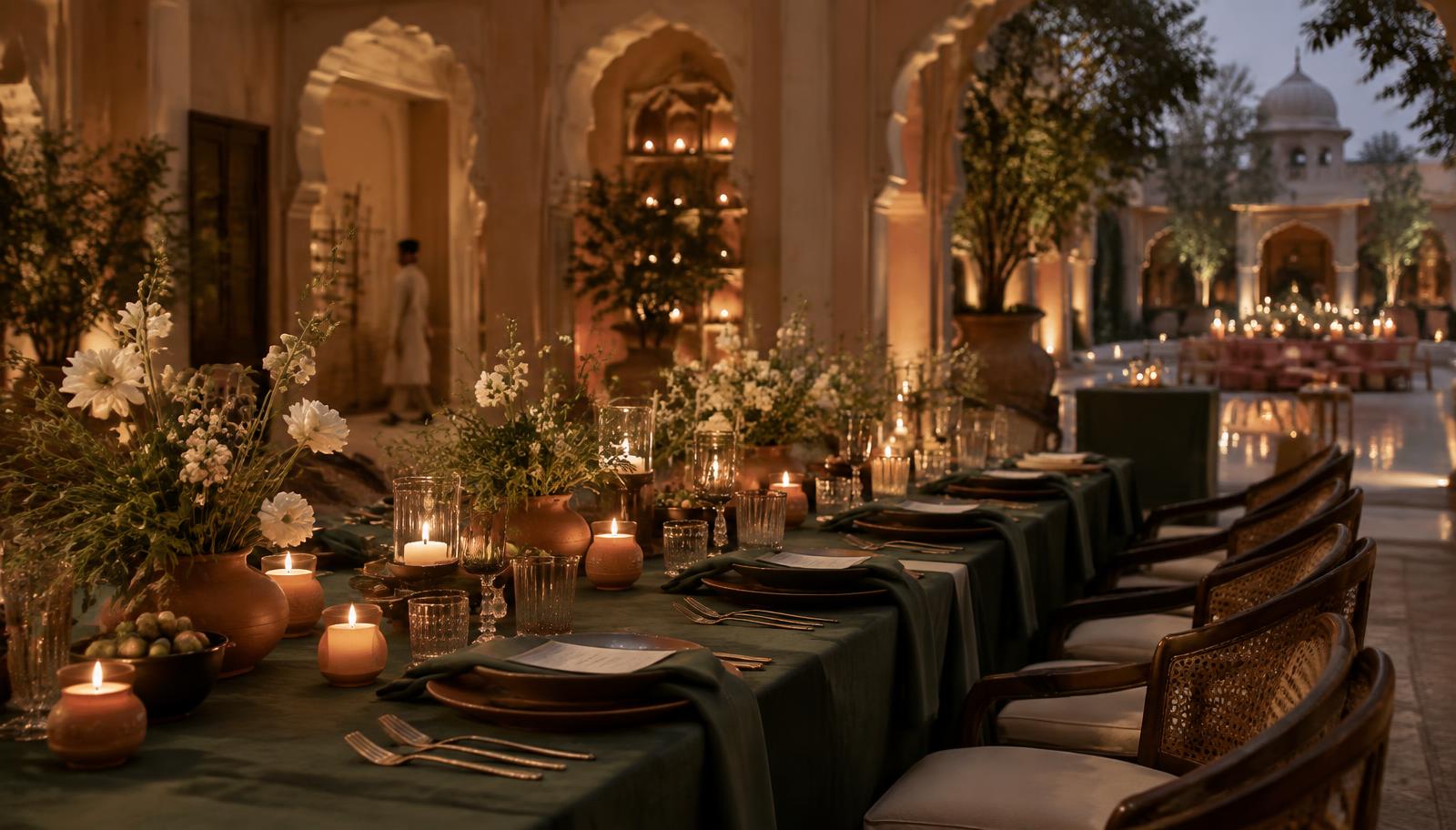 An event table set with lit VYRA candles