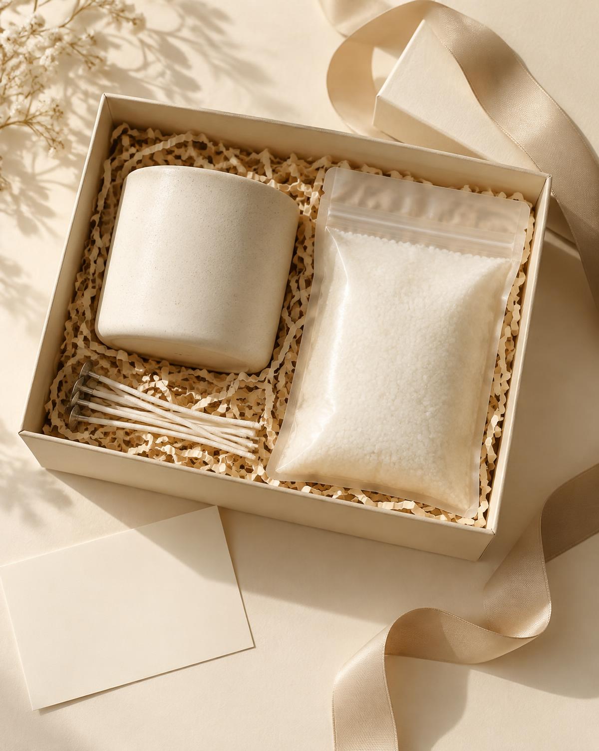 A VYRA gift box containing a vessel, candle sand and wicks