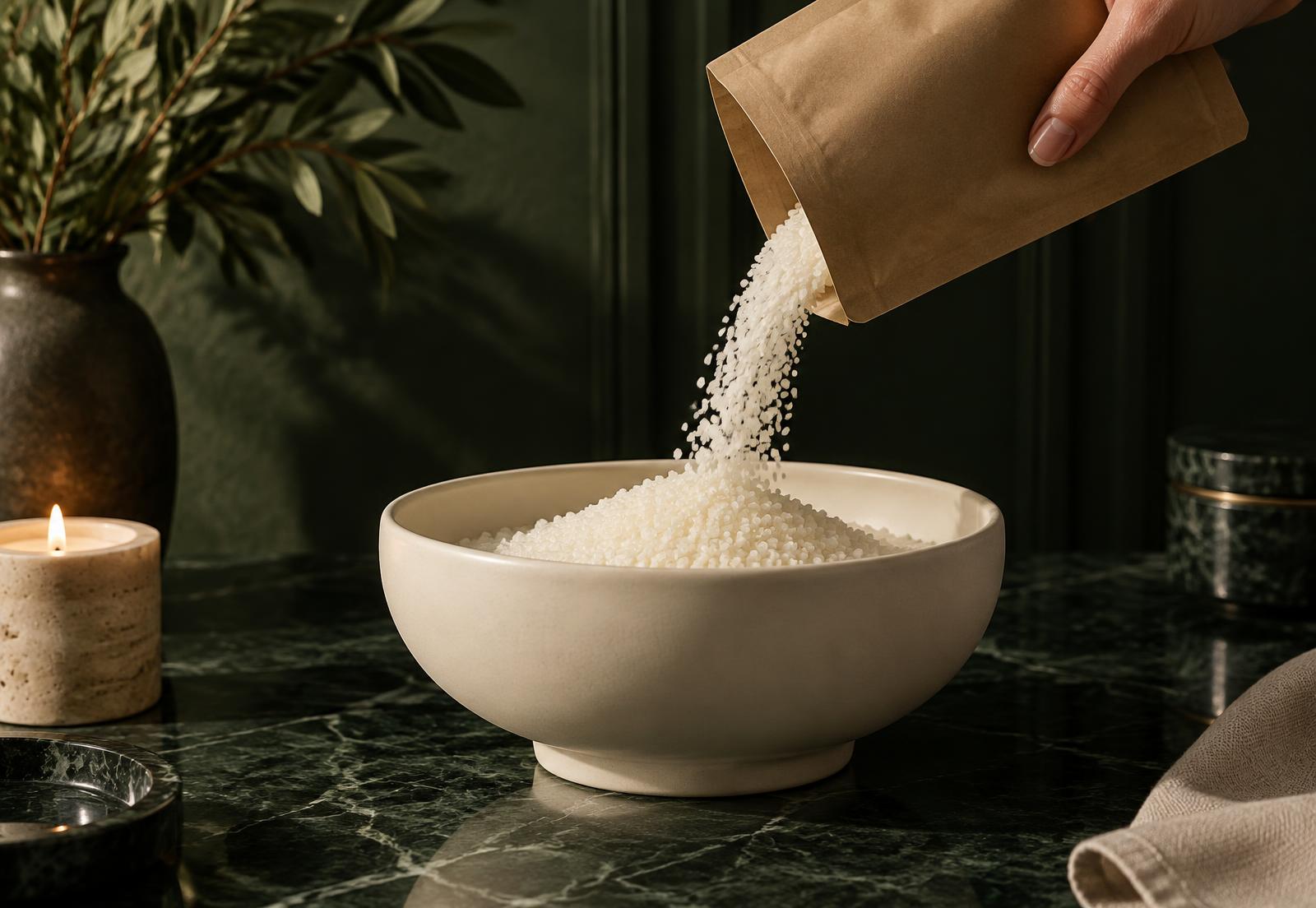 Candle sand being poured into a ceramic vessel