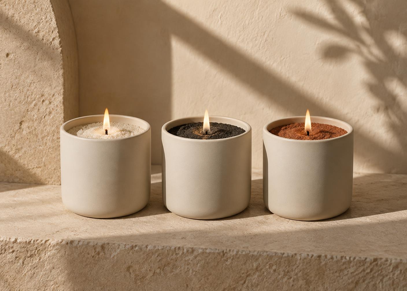 Three VYRA vessels filled with different candle sand colours